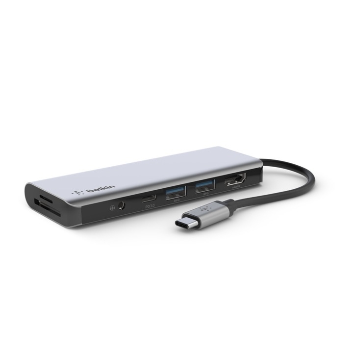 USB-C 7-в-1 многопортов хъб адаптер, Belkin, Сив