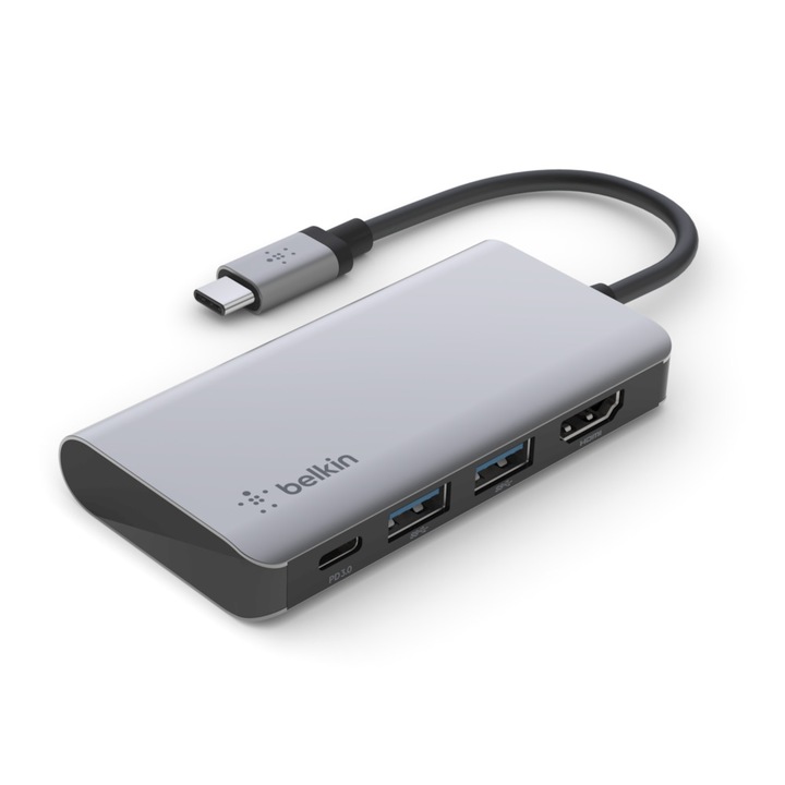 USB-C 4-в-1 многопортов хъб адаптер, Belkin, Сив