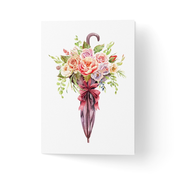 Поздравителна картичка с плик, висококачествена текстурирана хартия - чадър с цветя