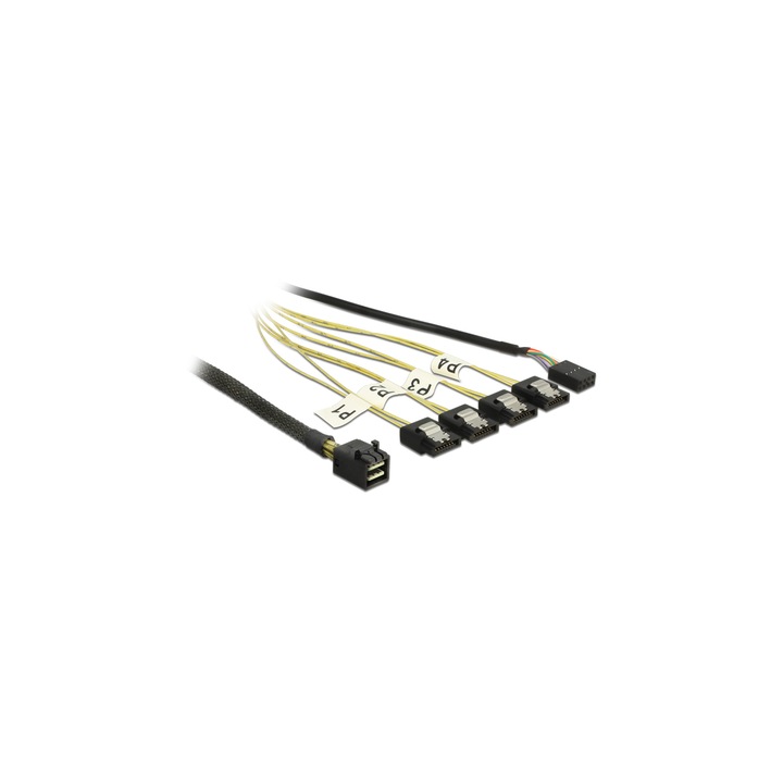 Delock Kábel Mini SAS HD SFF-8643 > 4 x 7 tus SATA fordított + oldalsáv, 1 m (DL-83322)