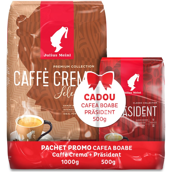 Pachet cafea boabe Julius Meinl Premium Collection Caffe Crema, 1kg + cadou cafea boabe Classic Collection Prasident, 500g