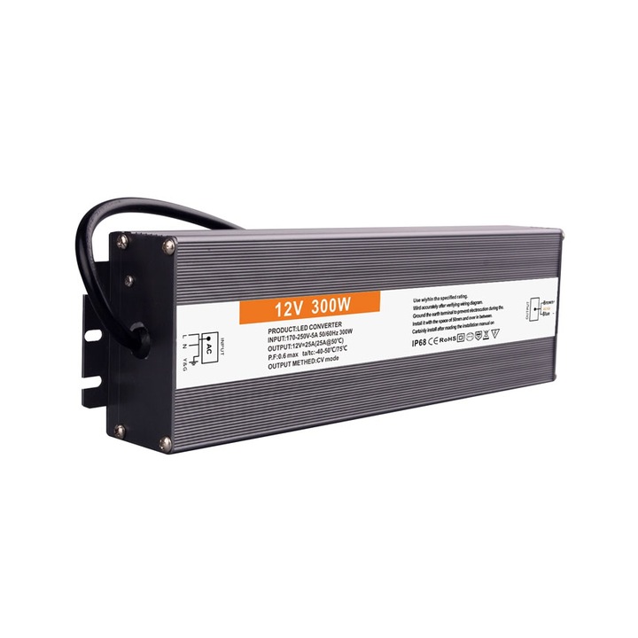 LED драйвър Lightex, 300W, 12V, DC, 25A, 230x80x40mm, 170-250V, AC, Водоустойчив