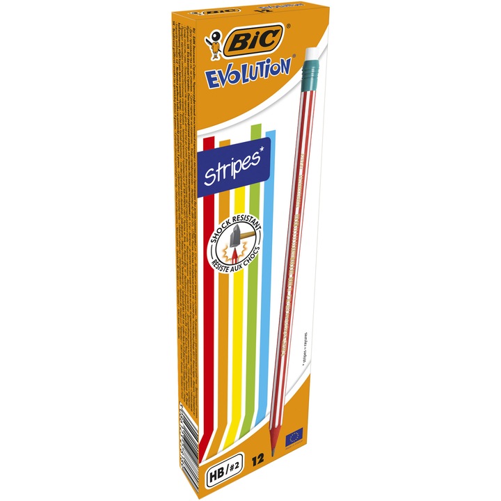 Set 12 bucati creion grafit BIC Evolution STRIPES 646 cu radiera