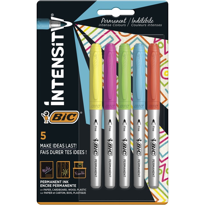 Комплект перманентни маркери BIC permanent, Intense colours, 5 броя, Блистер