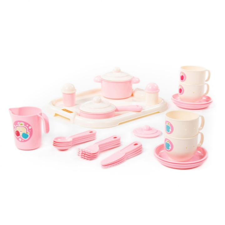 Set vase pentru bucatarie copii Polesie, 29 buc, Plastic, +3 ani, 33x29x10 cm, Roz/Alb
