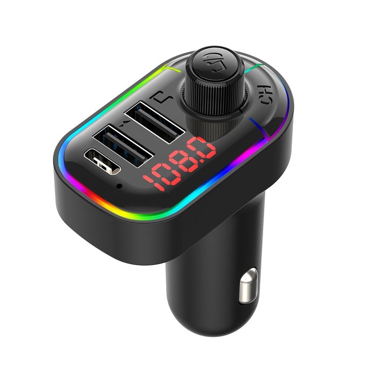 Modulator FM C12, Bluetooth, transmitator audio FM, player MP3, handsfree, USB type C, LED, Fast Charge, lumina ambientala, Negru