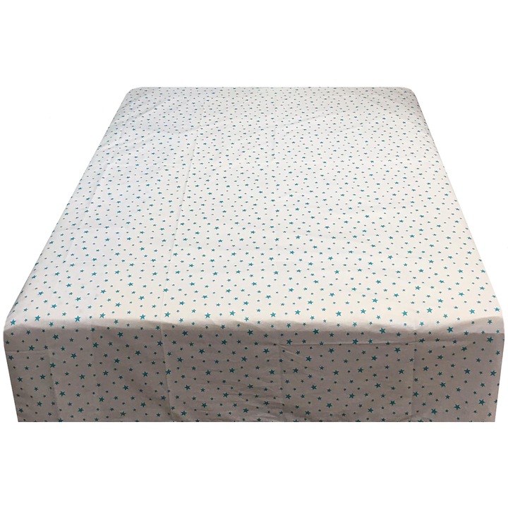 Cearceaf alb/turcoaz 140x240cm, pat single, saltea de 90cm, "Stelute" din bumbac ranforce, by Liz Line - CR14016