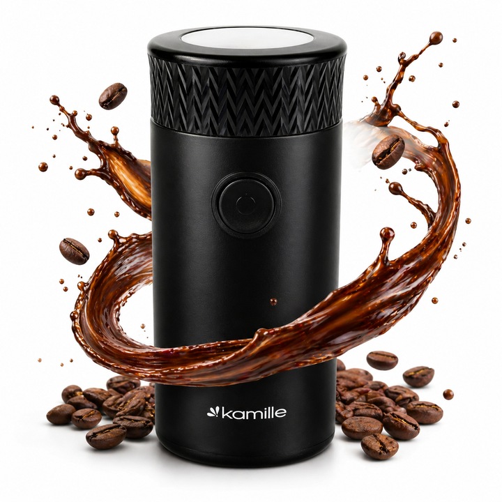 Rasnita Electrica de Cafea, Macinator de cafea electric, 150W, Aparat de macinat cafea, Capacitate 75 g, Lame si Bol din Otel Inoxidabil, Capac, pentru Cafea, Nuci si Condimente uscate, Kamille KM-6732