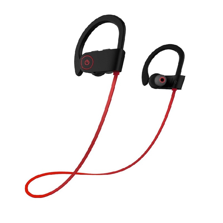 Безжични спортни слушалки, ергономичен и сгъваем дизайн, монтирани слушалки, бинатурален стерео звук, вграден микрофон, функция за възпроизвеждане на музика, IPX5 устойчивост на вода и пот, черно и червено