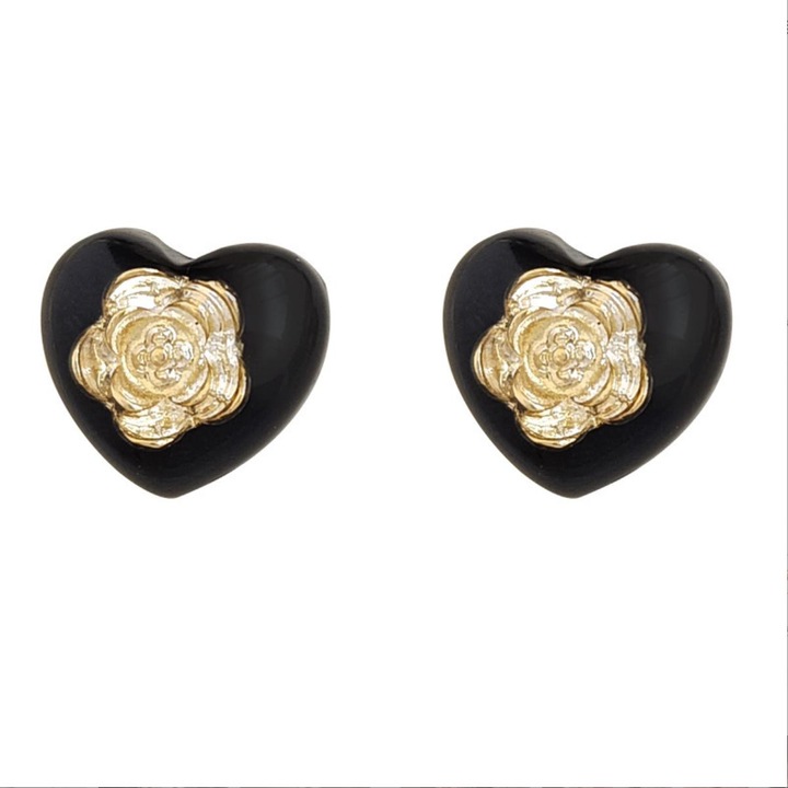 Cercei dama, Pili-Paradise, Metal/Plastic, Model floare, Negru/Auriu