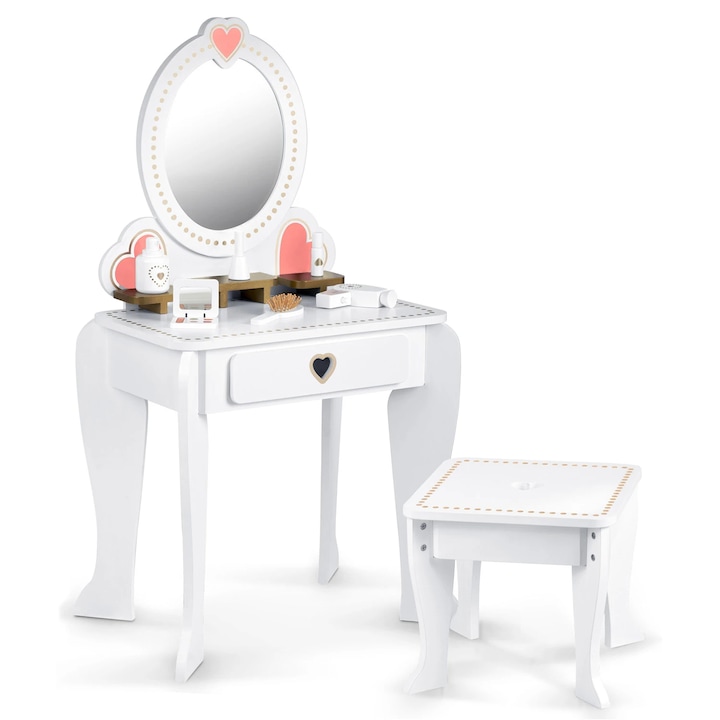 Masuta de Make-Up din lemn "LikeSmart White Princess" cu Oglinda, Include Scaunel, si accesorii, 50 x 37 x 93 cm