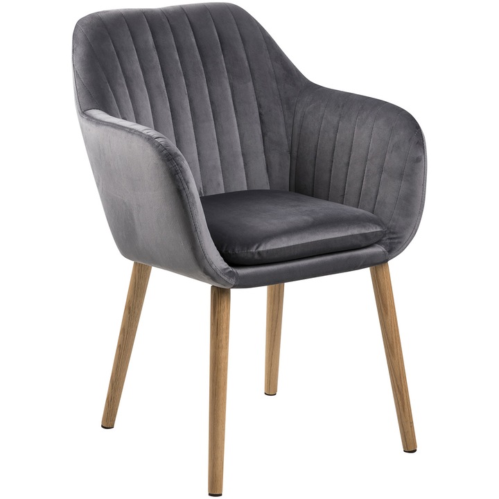 Scaun dining Actona Emilia, stofa, gri inchis, cotiere, picioare maro
