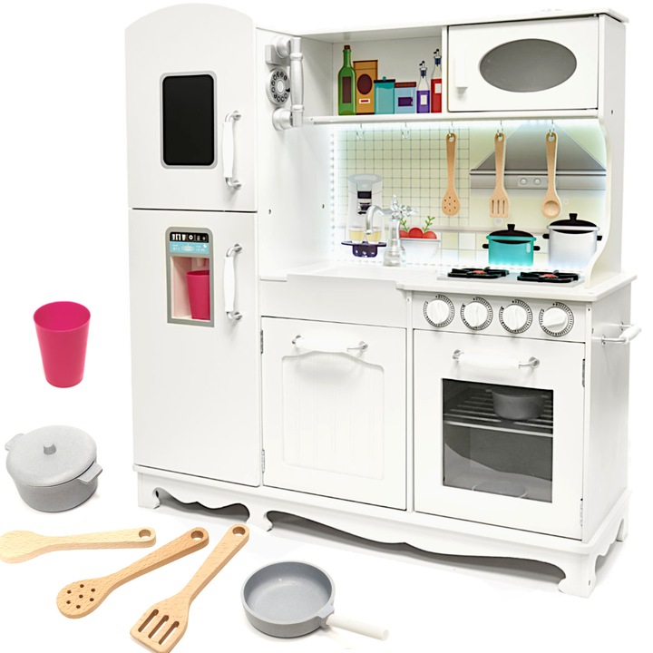 Bucatarie si accesorii pentru copii, Banda LED, Lemn/MDF/Plastic/Metal, +3 ani, 100x45.5x20 cm, Alb