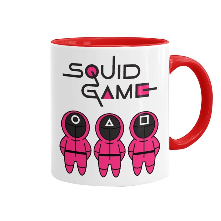 Cana Squid Game, Ceramica, Model text, 330 ml, Alb/Rosu