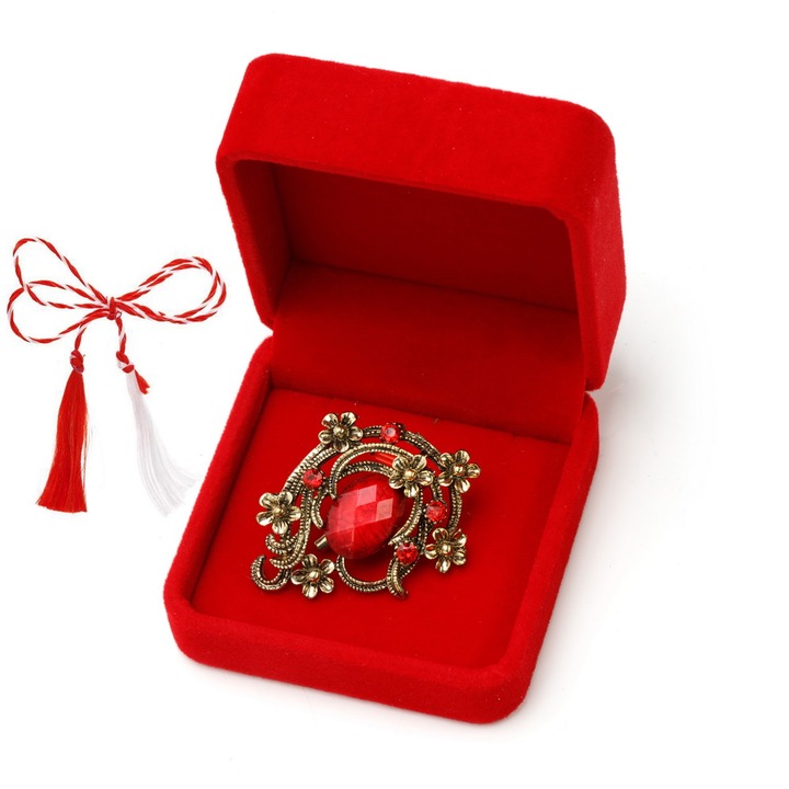 Martisor vintage bross csiszolt kövekkel bársonydobozban, piros