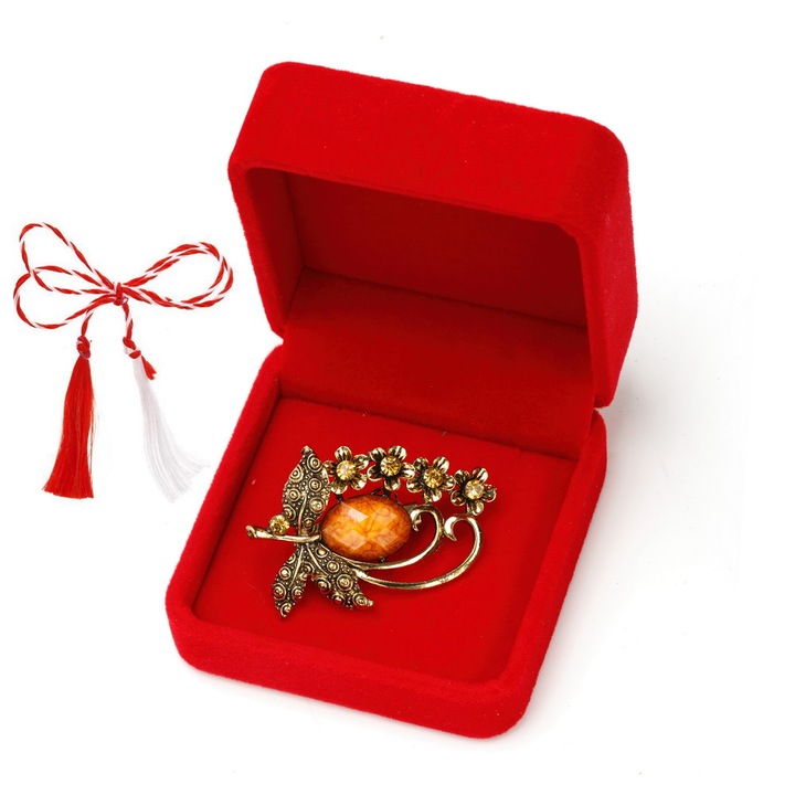 Martisor vintage bross csiszolt kövekkel bársonydobozban, narancssárga
