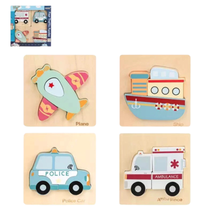 Комплект дървени пъзели, вдлъбната дъска, 4 превозни средства, 16 части