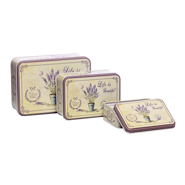Tárolókészlet 3 db Lavender II, fémből, virágos elemekkel