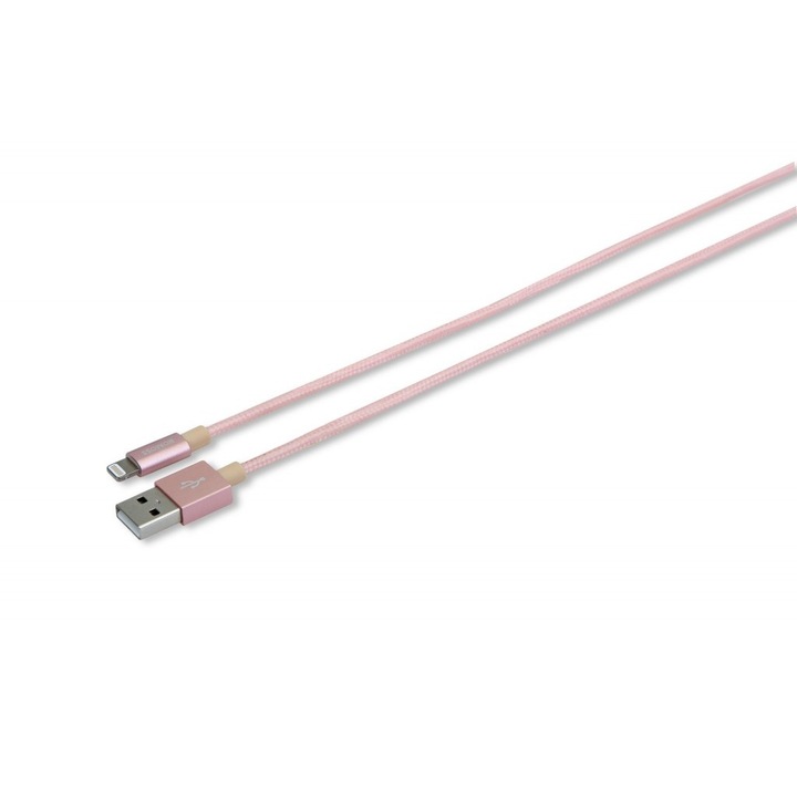 Cablu Romoss lightning Nylon, MFI (made for iPhone), Data sync & 2.4 A Quick Charge, pentru iPhone 8, iPhone 8 Plus, iPhone x, rose gold, 1m