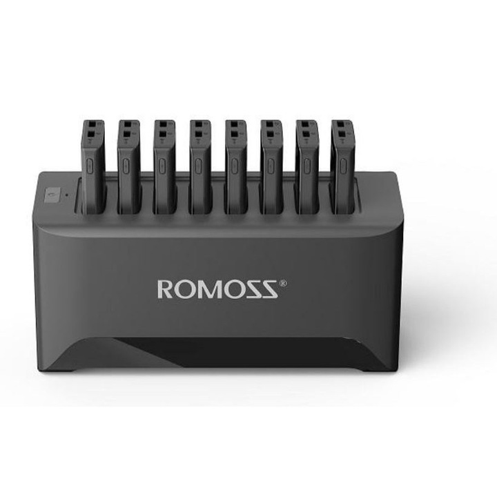 Statie de incarcare Romoss 100W, 8 x acumulatori 10.000mAh Li-Polymer, pentru birouri, sali conferinta, expozitii si targuri, restaurante, sali-fitness, clinici medicale