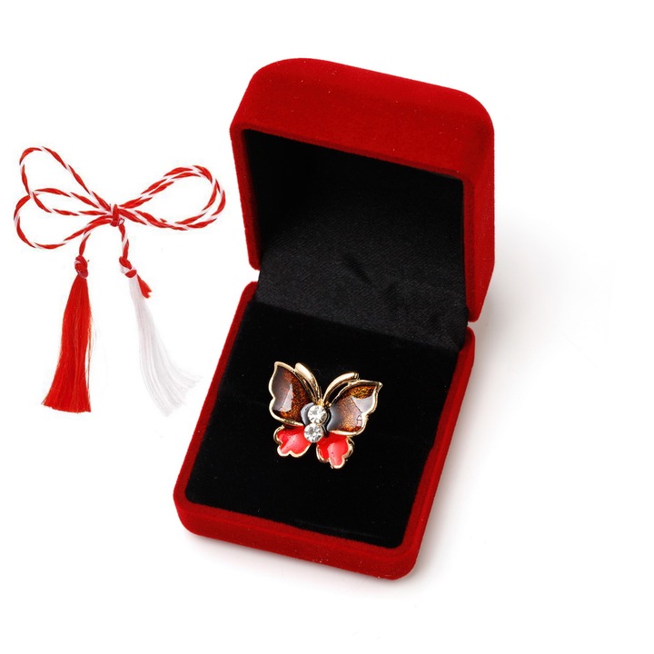 Martisor bross strasszokkal bársonydobozban, barna pillangó