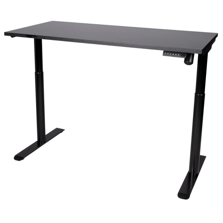 Birou reglabil pe inaltime, Black TerrA3, 1 motor electric, blat din PAL Negru, 90x61 cm, grosime 25 mm, viteza 22 mm/secunda, panou comanda cu butoane pentru memorare inaltime