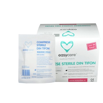 Comprese sterile din tifon EASYCARE taiate 10cm x 8cm, 100% bumbac, 20 plicuri/cutie Comprese sterile din tifon EASYCARE taiate 10cm x 8cm, 100% bumbac, 20 plicuri/cutie
