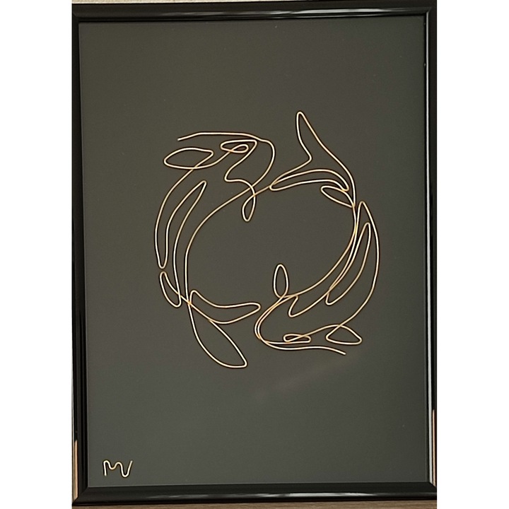Tablou zodia pesti, sculptura in fir continuu de sarma placata cu argint 18x24 cm