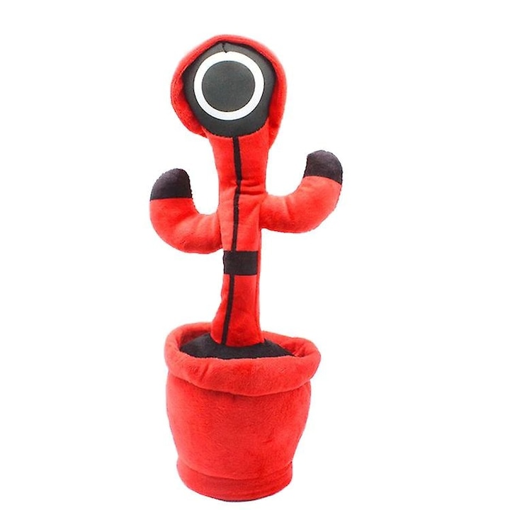 Jucarie interactiva tip cactus, model Squid Game IDK, cu LED-uri, Dansator, Vorbitor, Imita, cablu USB pentru incarcare, culoare rosu