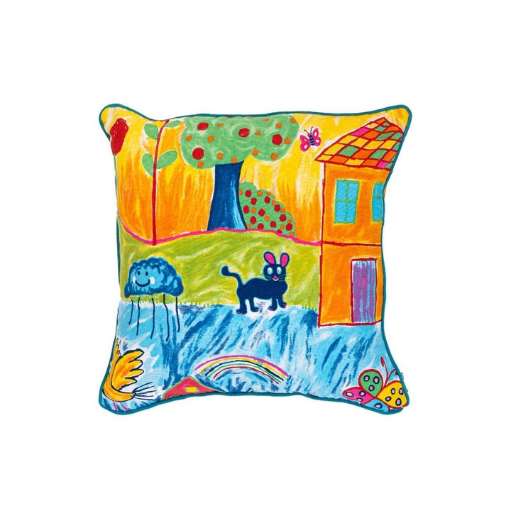 Perna decorativa Krayon Azul, model desene copii, 45x45 cm, cu umplututra inclusa