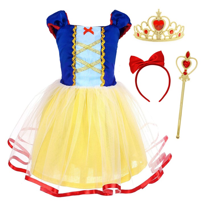 Costum carnaval Cosplay Alba ca Zapada, AmzBarley®, Disney printesei, Cu accesorii, Bumbac/Tul, Galben, 1-2 ani, 90cm