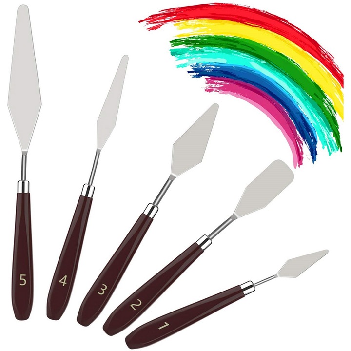 Set 5 spatule pentru pictura, Inox, Argintiu/Maro