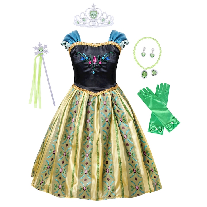 Costum carnaval Anna Frozen Printesa, AmzBarley®, Disney, Satin/Organza/Poliester/Tul, Verde, 3-4 ani, 110 cm