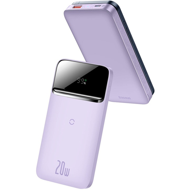 Външна батерия Baseus PPCX010005, 10000mAh, 20W, Power Delivery, Quick Charge, 10W, с безжично зареждане, MagSafe съвместим, лилав