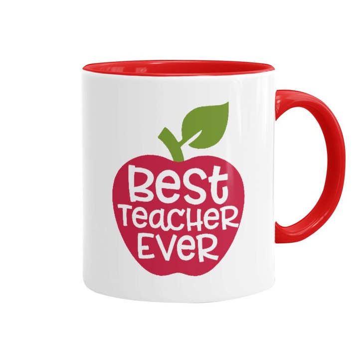 Cana personalizata " Best teacher ever ", Ceramica, Model mar, 330 ml, Alb/Rosu