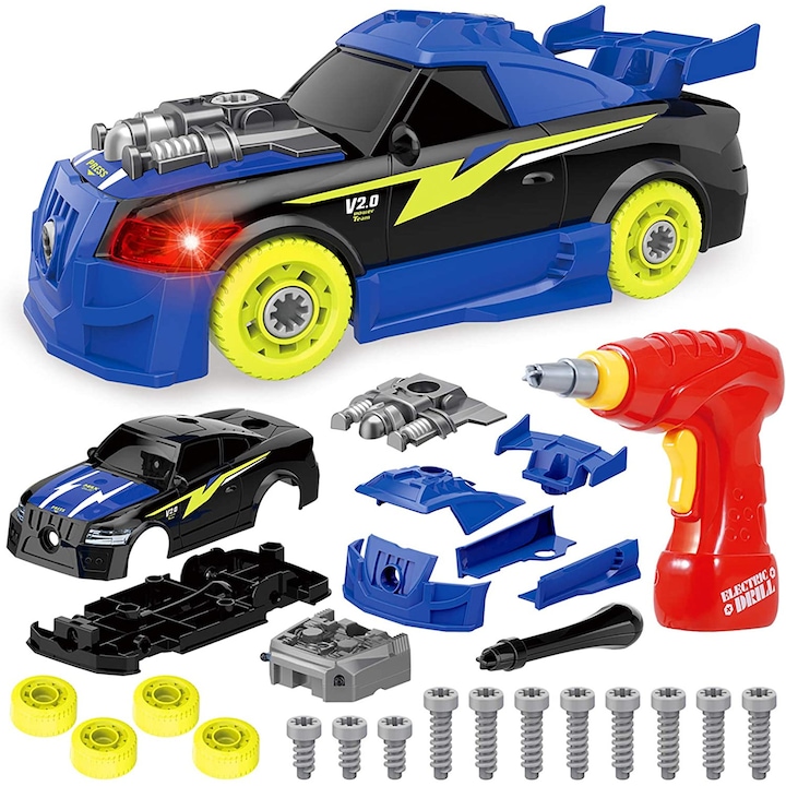 Монтесори играчка кола, Simply Joy, със звуци и светлини, игра за момчета и момичета 3-9 години, образователна STEM, синя