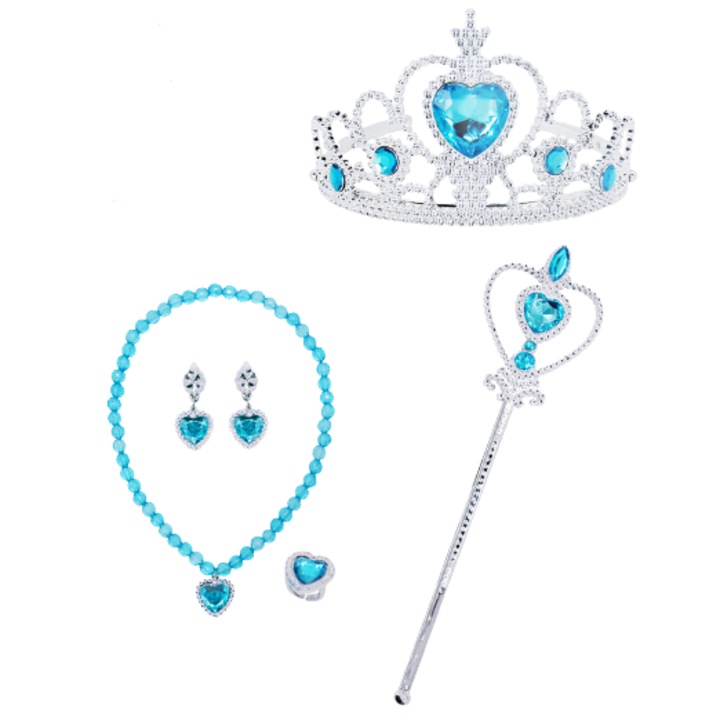 Set 5 accesorii Elsa Frozen, AmzBarley, Sceptru, Bijuterii, Coroana, Argintiu/Albastru