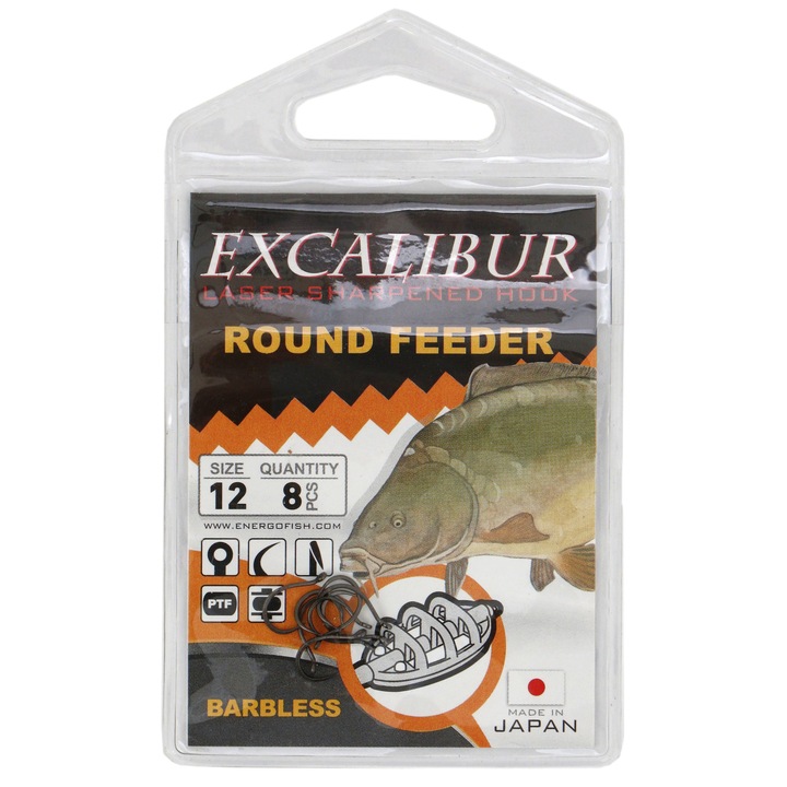 Carlige Excalibur Round Feeder, Barbless, nr.12, 8buc