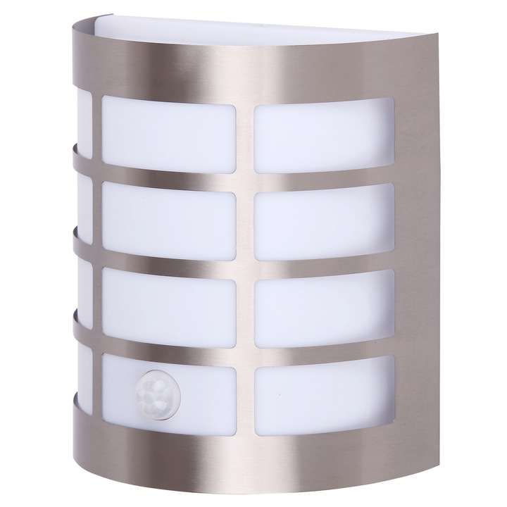 Аплик DacEnergy, Екстериор, Метална конструкция, Пластмасов разсейвател, Хром / Бял, Със сензор за движение, E27, 11W, IP44