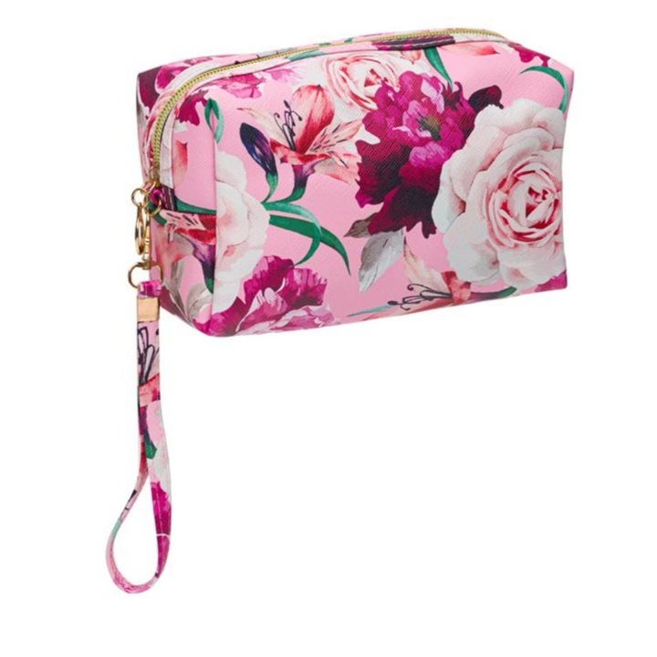 Portfard cosmetic, imprimeu floral, 18 x 7,5 x 11 cm