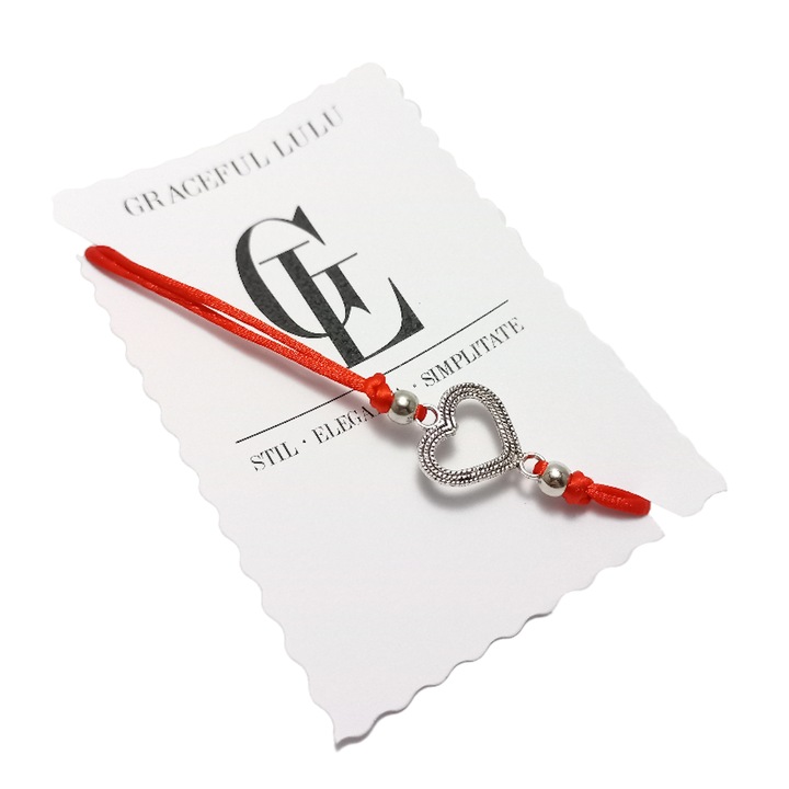 Гривна, С регулируем шнур от сатен, Талисман голямо сърце, Червен/Сребрист