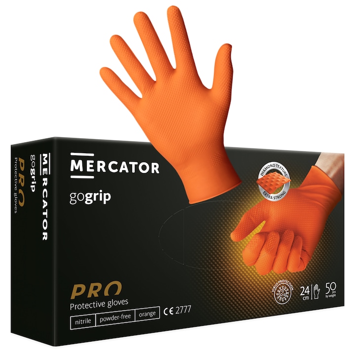 Set 50 bucati Manusi Mercator GoGrip, Nitril, groase si rezistente, textura diamant, protectie la substante chimice, orange, marimea L