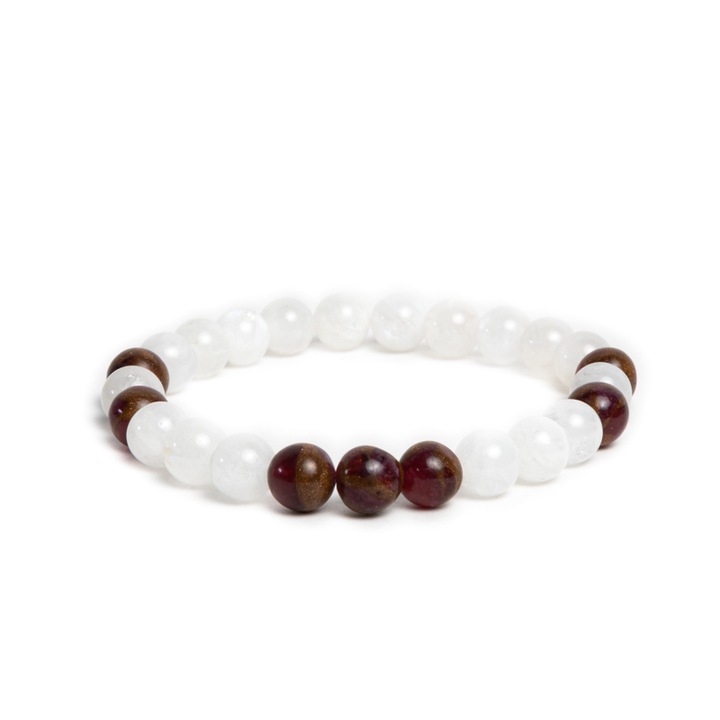 Bratara pietre semipretioase, Ezera, din Piatra Lunii si Cloisonne Rosu pentru femei, Kamari, margele de 6mm, 17-18 cm