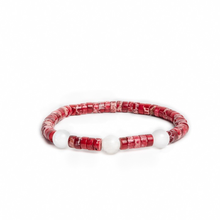 Női féldrágakő karkötő, Ezera, Holdkő kristályokkal és Red Marine Sediment távtartókkal, Lori, 17-18 cm