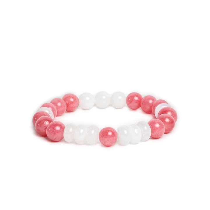 Női karkötő féldrágakövekből, Ezera, Vörös Jade és Morganit, Misel, 6mm-es gömbök, 17-18 cm