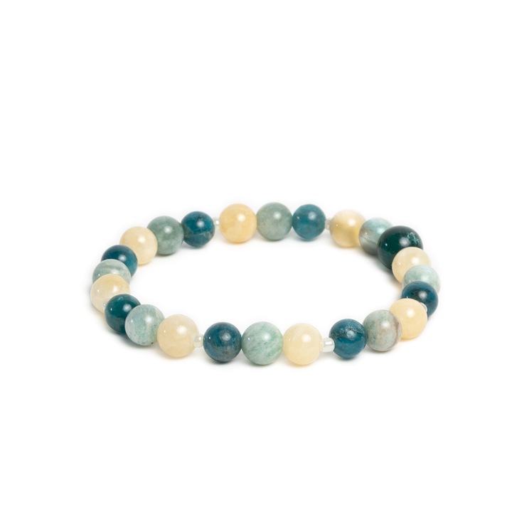 Bratara realizata manual din cristale, Ezera, din Jad, Amazonit si Apatit Albastru pentru femei, Yanni, 17-18 mm