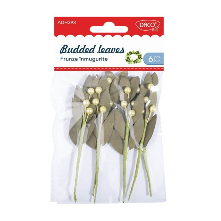Комплект от 6 листа с пъпки Daco, 11x5 cm, хартия/дърво, зелено