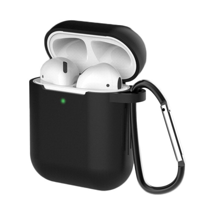Védőtok karabinerrel, Hurtel, Airpods 2 / Airpods 1-hez, szilikon, fekete