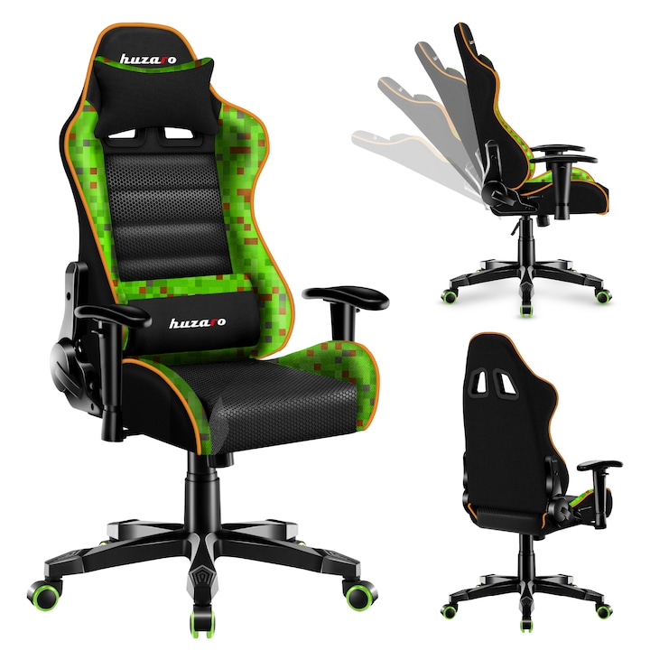 Scaun gaming pentru copii Huzaro, Ranger 6.0 pixel mesh, tesatura, Verde/Negru