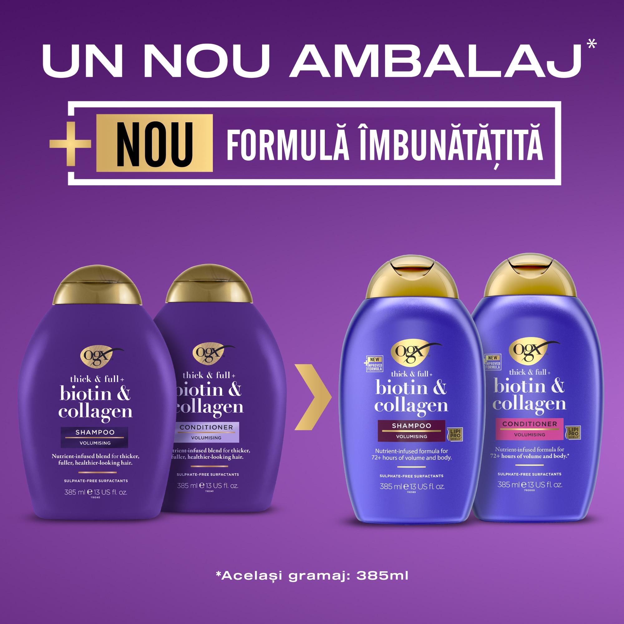 Sampon pentru volum OGX Biotina & Colagen, cu vitamina B7, pentru